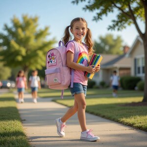 May include: A young girl wearing a pink t-shirt with a rainbow graphic and denim shorts, carrying a light pink backpack with a Minnie Mouse design and a stack of colorful books. She is walking on a sidewalk on a sunny day.