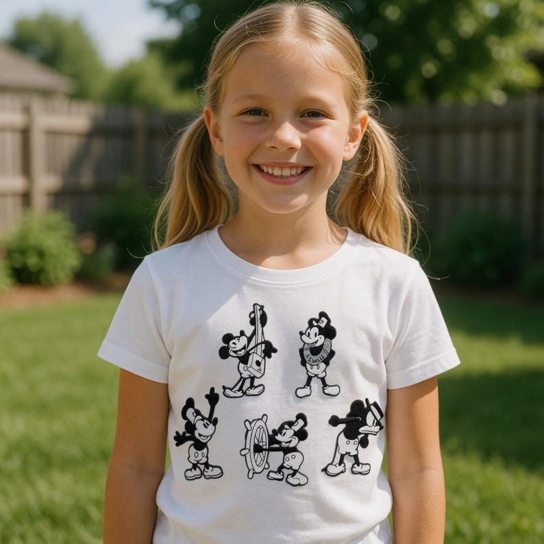 Op de afbeelding: Een wit t-shirt met een zwart-wit afbeelding van Mickey Mouse in verschillende poses. Het ontwerp toont Mickey die een snaarinstrument bespeelt, een scheepsstuur vasthoudt en andere speelse afbeeldingen.