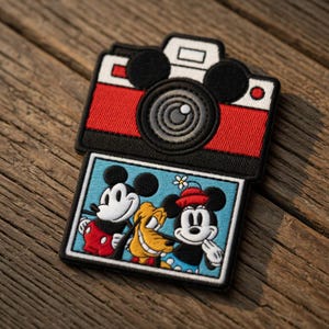 Puede incluir: Parche bordado con un dise&ntilde;o de c&aacute;mara roja y negra con orejas de Mickey Mouse. Debajo, un rect&aacute;ngulo azul muestra a Mickey Mouse, Pluto y Minnie Mouse. El parche est&aacute; sobre una superficie de madera.