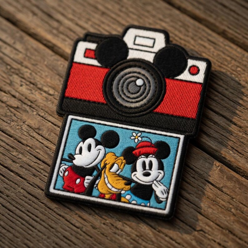 Puede incluir: Parche bordado con un dise&ntilde;o de c&aacute;mara roja y negra con orejas de Mickey Mouse. Debajo, un rect&aacute;ngulo azul muestra a Mickey Mouse, Pluto y Minnie Mouse. El parche est&aacute; sobre una superficie de madera.