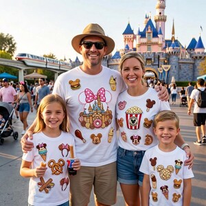 May include: A family of four wearing white t-shirts with Disney-themed graphics. The shirts feature images of a castle, Mickey Mouse, food items, and a pink bow. They are posing in front of a castle.