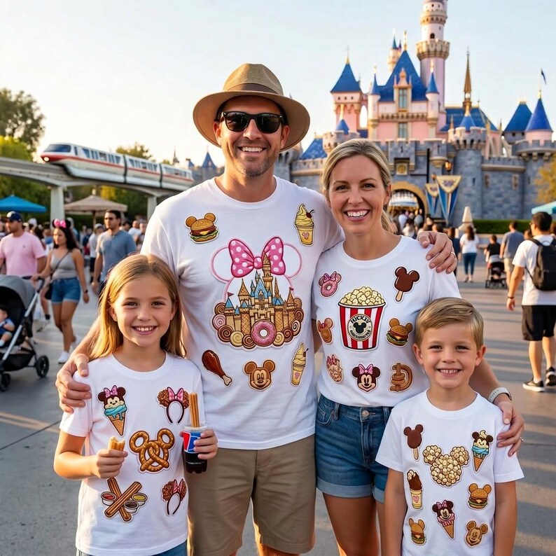 May include: A family of four wearing white t-shirts with Disney-themed graphics. The shirts feature images of a castle, Mickey Mouse, food items, and a pink bow. They are posing in front of a castle.