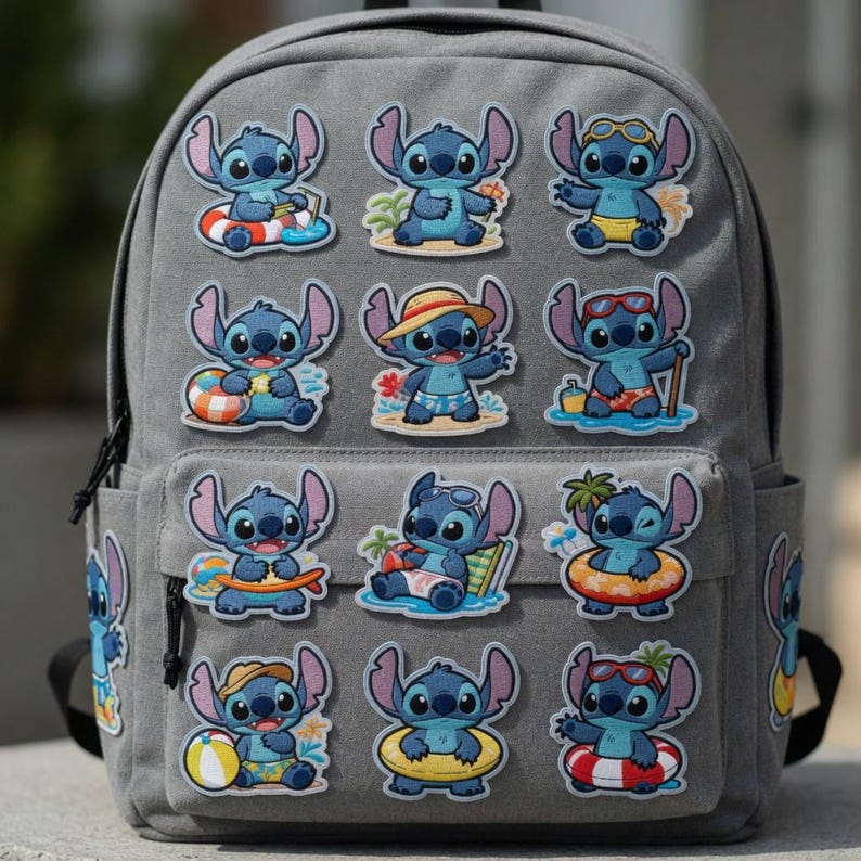 May include: Gray backpack decorated with multiple patches featuring a blue cartoon character in various beach-themed poses. The patches include the character with a beach ball, surfboard, and sunglasses.