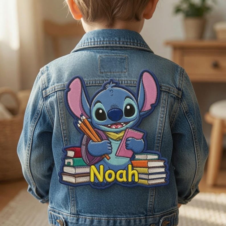 May include: A blue denim jacket featuring a large embroidered patch on the back. The patch depicts a blue alien character holding pencils and a pink book, surrounded by stacks of colorful books with the name Noah written in yellow letters.