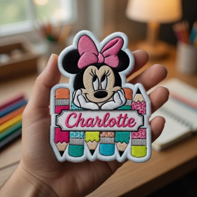 Op de afbeelding: Geborduurde patch met Minnie Mouse met een roze strik, zwarte oren en de naam "Charlotte" in roze script. Het ontwerp bevat kleurrijke potloden en een lichtblauwe rand, ideaal voor het personaliseren van kleding of accessoires.