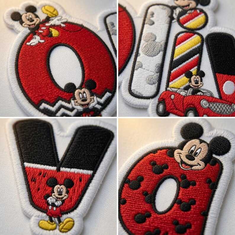 May include: A collection of four embroidered patches featuring the letters O, L, I, V, and D. Each letter incorporates Mickey Mouse imagery, including a red car, black and white patterns, and small mouse head silhouettes in red and black thread.