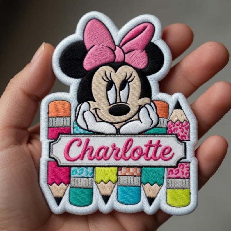 Op de afbeelding: Geborduurde patch met Minnie Mouse met een roze strik, die haar kin op haar handen laat rusten. De naam "Charlotte" is roze geborduurd. Kleurrijke potloden omringen het personage, met een witte rand.