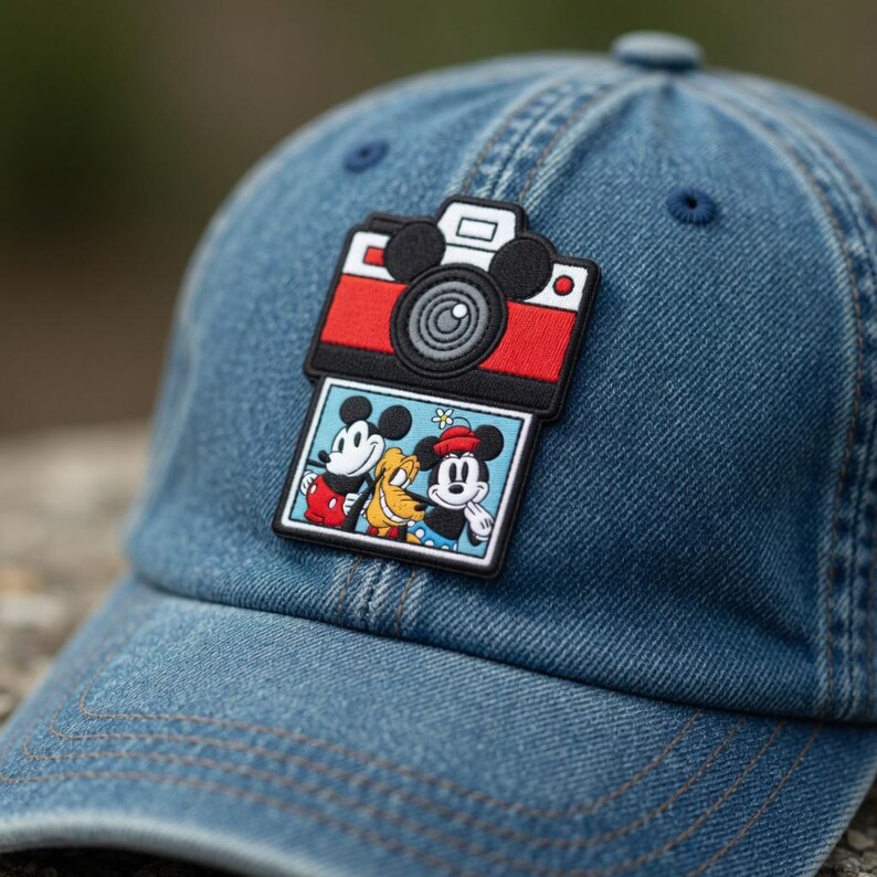 Puede incluir: Gorra de b&eacute;isbol de mezclilla azul con un parche colorido con Mickey Mouse, el Pato Donald y Goofy. El parche est&aacute; dise&ntilde;ado como una c&aacute;mara con un esquema de color rojo y negro. La gorra tiene una visera curva y un dise&ntilde;o cl&aacute;sico de seis paneles.
