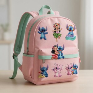May include: A pink backpack with light green detailing, decorated with embroidered images of Stitch and Lilo. The bag has a front pocket, side pockets, and adjustable straps, suitable for school or travel.