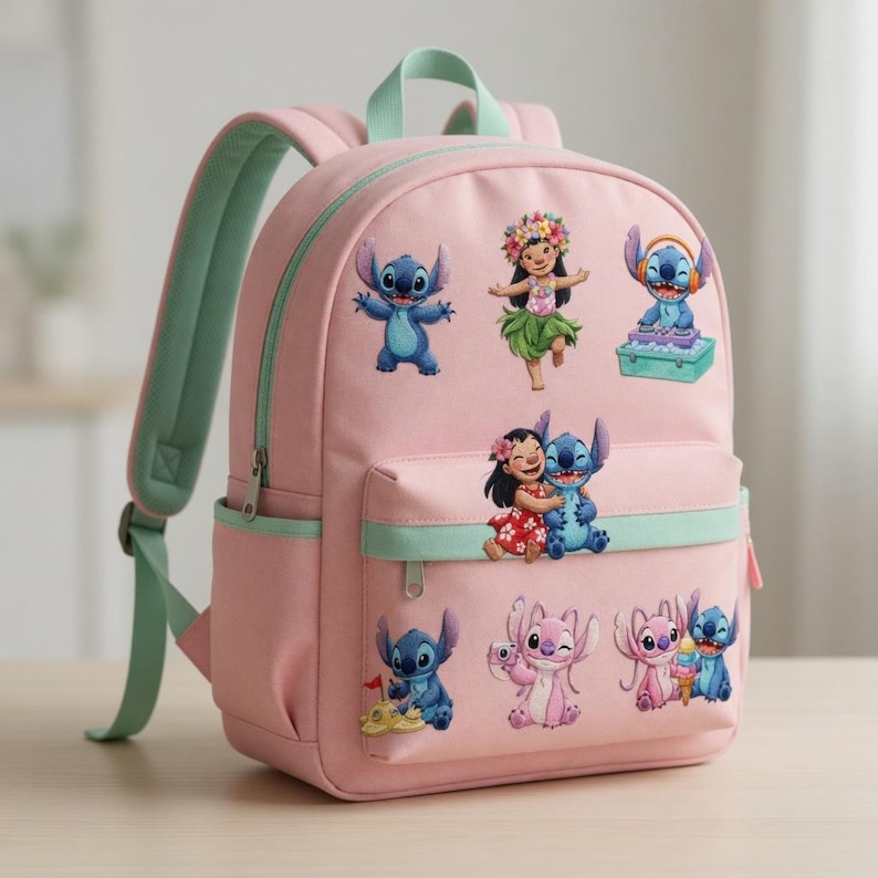 May include: A pink backpack with light green detailing, decorated with embroidered images of Stitch and Lilo. The bag has a front pocket, side pockets, and adjustable straps, suitable for school or travel.