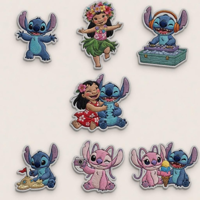May include: A selection of embroidered patches featuring characters from the animated film Lilo & Stitch. The patches depict Stitch in various poses, including DJing, playing on a sandcastle, and hugging Lilo. Other patches show Lilo dancing and Angel.