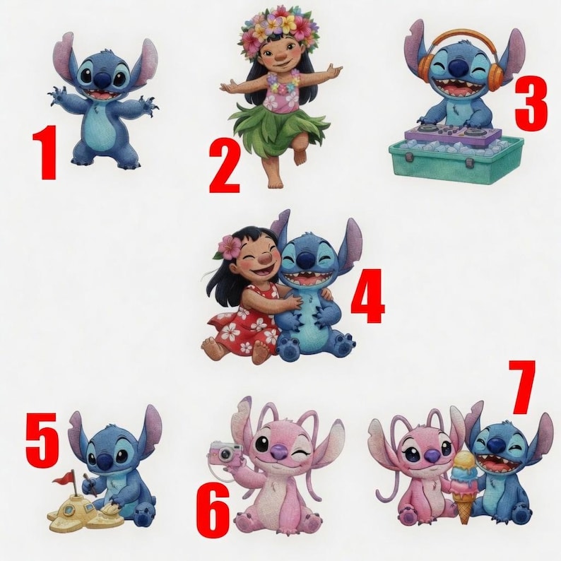 May include: Seven cartoon illustrations of characters from Disney's "Lilo & Stitch." The images show Stitch in different poses, Lilo, and Angel. The characters are brightly coloured against a white background, perfect for fans of the film.