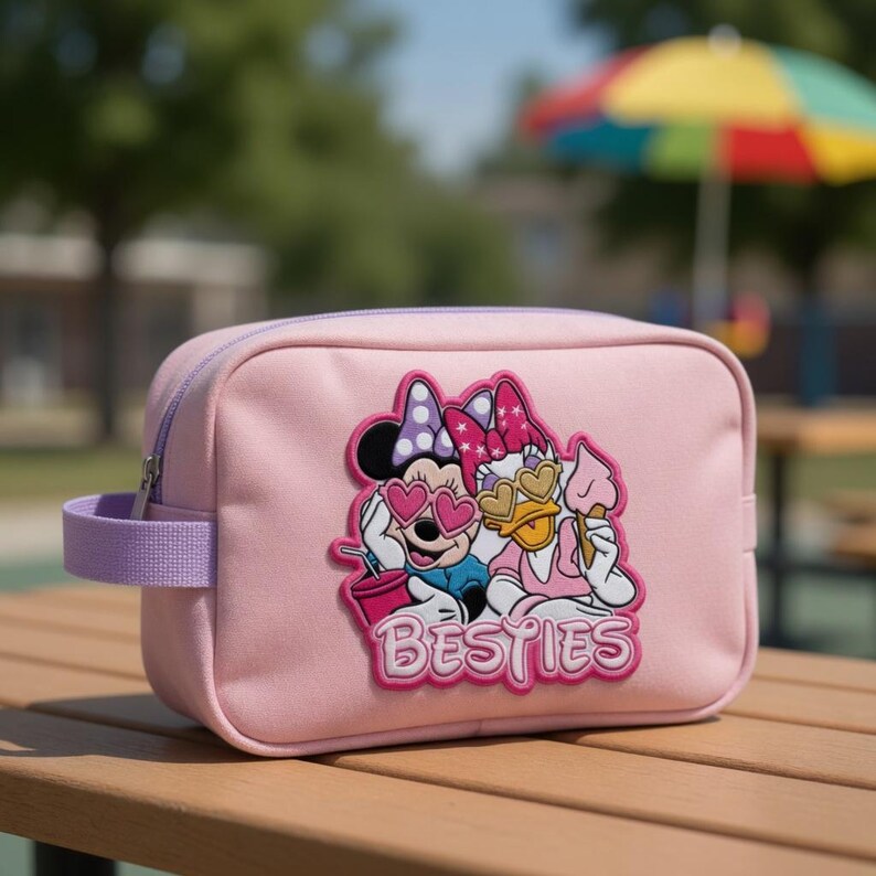 May include: Pink travel cosmetic bag with a purple zipper and handle. The bag features a graphic of Minnie Mouse and Daisy Duck wearing heart-shaped sunglasses and the word "Besties".