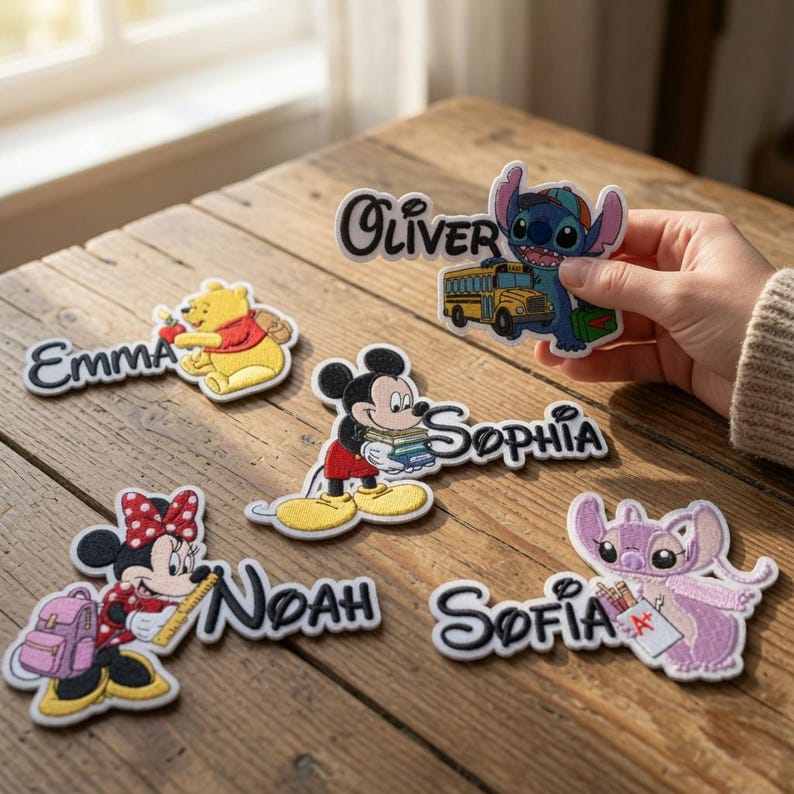 May include: Five embroidered name patches featuring Disney characters. One patch shows Stitch with a school bus and the name Oliver. Others include Winnie the Pooh with Emma, Mickey Mouse with Sophia, Minnie Mouse with Noah, and Angel with Sofia.
