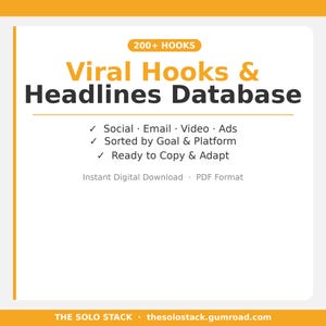 Op de afbeelding: Een afbeelding van een digitaal product met de tekst "Viral Hooks & Headlines Database". De tekst is vetgedrukt, oranje op een witte achtergrond. De afbeelding bevat ook opsommingstekens met functies: Social, E-mail, Video, Ads, gesorteerd op doel en platform, klaar om te kopiëren en aan te passen.