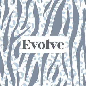 May include: A graphic design featuring a repeating pattern of dark gray vertical zebra stripes layered over light blue leopard spots on a white background. The word Evolve is printed in dark gray capital letters inside a white rectangular box.