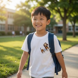 May include: A white t-shirt with a cartoon dog graphic, worn by a child with a blue backpack. The child is smiling and walking outside near a school building on a sunny day.