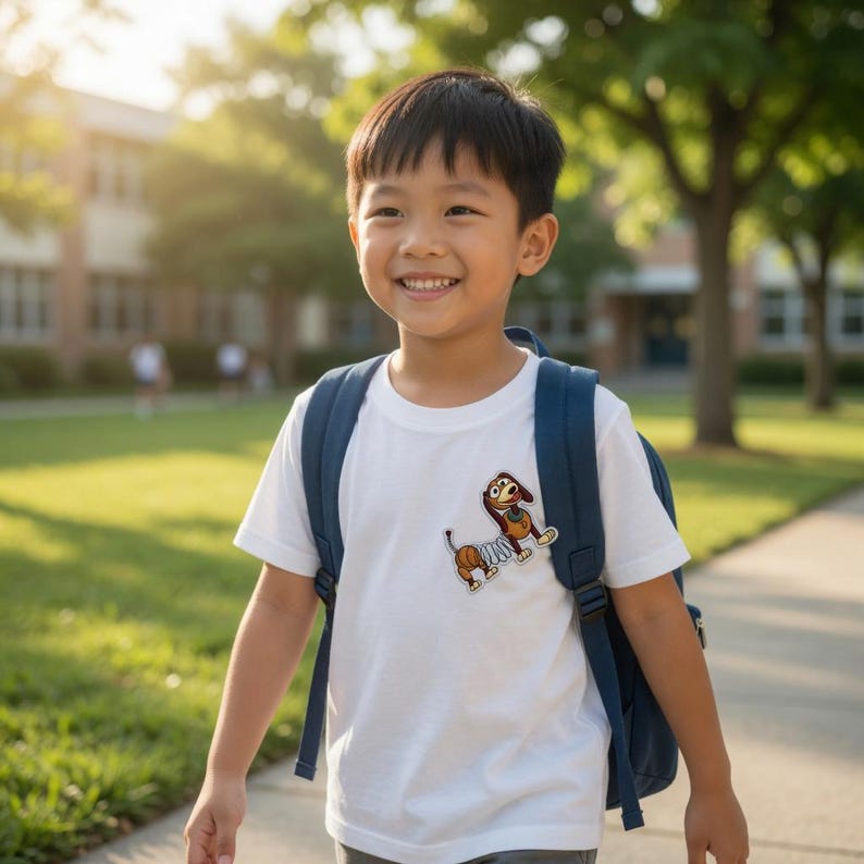 May include: A white t-shirt with a cartoon dog graphic, worn by a child with a blue backpack. The child is smiling and walking outside near a school building on a sunny day.