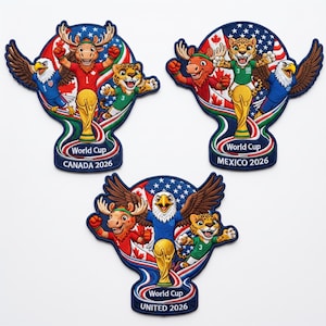 May include: Three embroidered patches featuring mascots for the 2026 World Cup. Each patch includes a moose, jaguar, and eagle, with a golden trophy. The patches are labeled "CANADA 2026", "MEXICO 2026", and "UNITED 2026".
