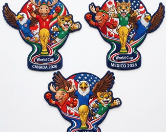 Embroidered World Cup 2026 Host Nations Mascot Patches, Soccer Trophy USA Canada Mexico Iron On, Sport Gift for Him, Jacket Backpack