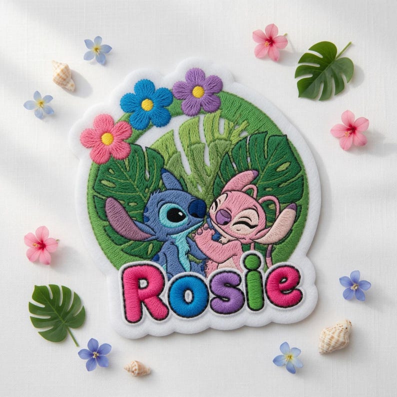May include: A circular embroidered patch featuring a blue alien character and a pink alien character standing in front of green tropical leaves. The patch is decorated with blue, pink, and purple flowers and the name Rosie in colorful letters.