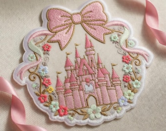 Embroidered Disney Castle Bow Floral Patch, Pink Princess Castle Iron On, Coquette Gift for Her, Denim Jacket Backpack Hat