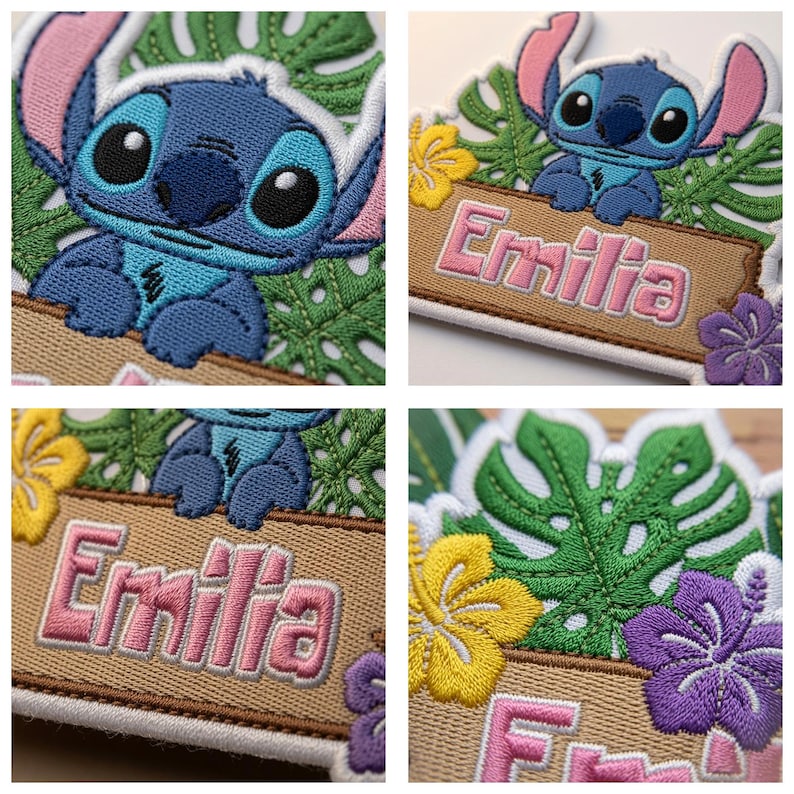 May include: An embroidered patch featuring a blue alien character with large ears, positioned above a tan rectangular sign with the name Emilia in pink letters. The design includes green monstera leaves, a yellow hibiscus, and a purple flower.