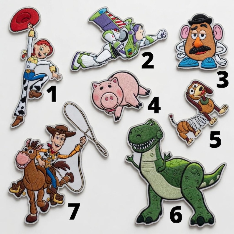 May include: A collection of embroidered patches featuring characters from the animated film Toy Story. The patches include Jessie, Buzz Lightyear, Mr. Potato Head, Hamm, Slinky Dog, Rex, and Woody with Bullseye. Each patch has a white border.