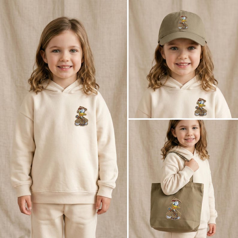 May include: A beige hooded sweatshirt, a beige baseball cap, and a beige tote bag, each featuring an embroidered patch of a cartoon duck wearing a brown hat and coat. The items are made of a solid-coloured fabric with matching embroidery.