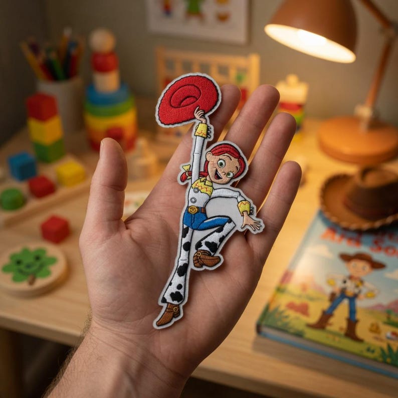 May include: Embroidered patch featuring the character Jessie from the animated film Toy Story. Jessie is depicted in her signature cowgirl outfit, holding her red hat. The patch is white, blue, yellow, and brown.
