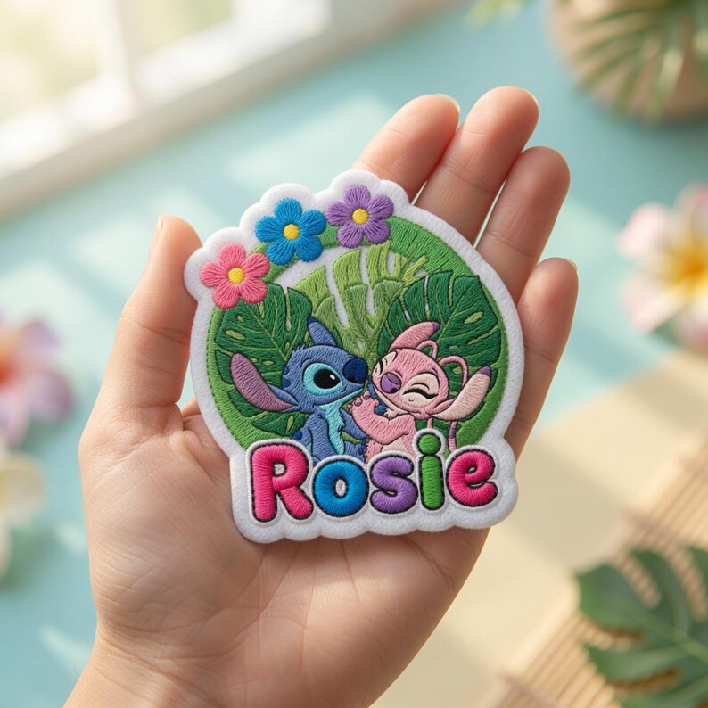 May include: An embroidered patch featuring a blue character and a pink character standing in front of green tropical leaves. Above them are small pink, blue, and purple flowers. The name Rosie is embroidered in colorful letters at the bottom.