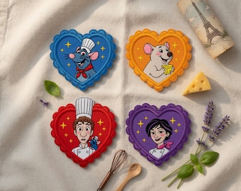 Embroidered Ratatouille Heart Patches, Cartoon Chef Back to School Iron On, Gift for Kids, DIY Jacket Backpack Hat - Sew on Hook & Loop