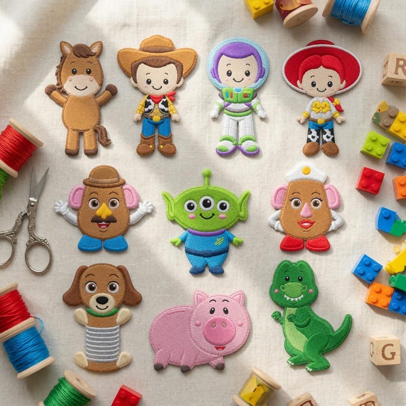May include: A collection of ten embroidered patches featuring cartoon characters including a brown horse, a cowboy, a space ranger, a cowgirl, two potato-shaped figures, a green three-eyed alien, a brown dog, a pink pig, and a green dinosaur.