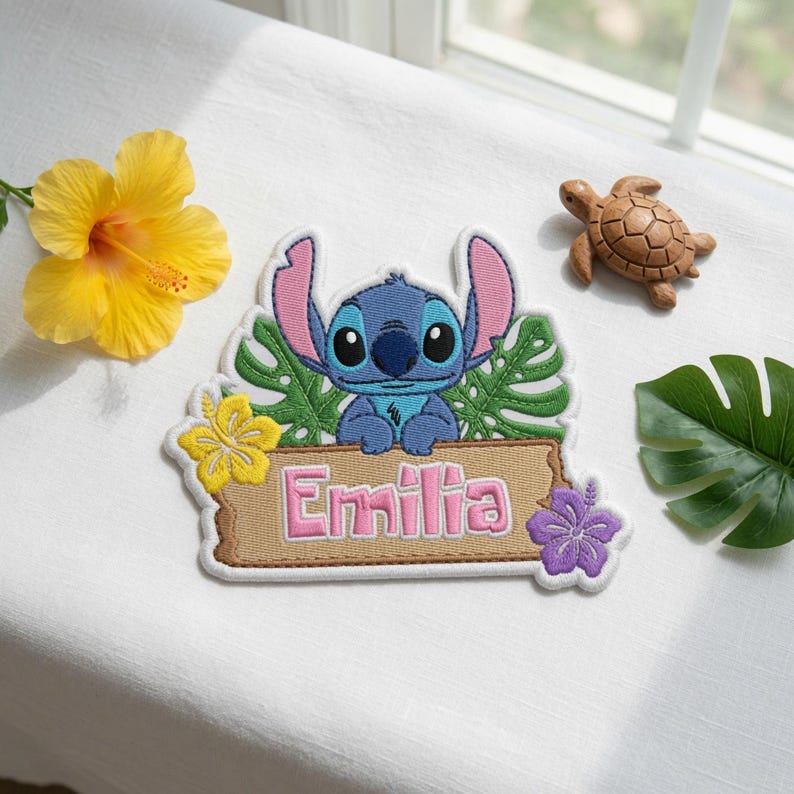 May include: An embroidered patch featuring a blue alien character with large ears, positioned behind a tan wooden-style sign with the name Emilia in pink letters. The patch is decorated with green monstera leaves, a yellow hibiscus, and a purple flower.