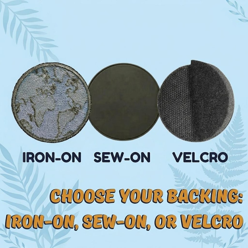 May include: Three circular patches showing backing options: an iron-on patch with a world map design, a solid dark green sew-on patch, and a black velcro patch. Text reads: CHOOSE YOUR BACKING: IRON-ON, SEW-ON, OR VELCRO.