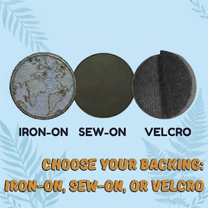 May include: Three circular patches are displayed: one with an embroidered world map, one with a solid dark backing, and one with a textured hook-and-loop fastener. Text reads: IRON-ON, SEW-ON, VELCRO, and CHOOSE YOUR BACKING: IRON-ON, SEW-ON, OR VELCRO.