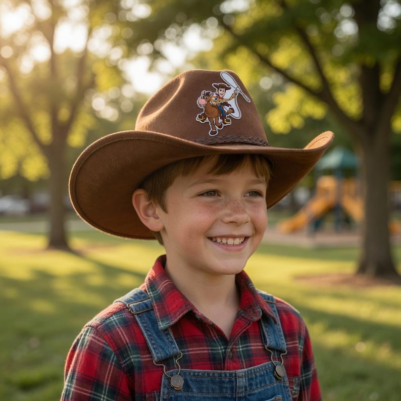 May include: A brown cowboy hat with a decorative band and a cartoon graphic. The hat is worn by a person wearing a red and black plaid shirt and denim overalls. The background is a park with trees and a playground.