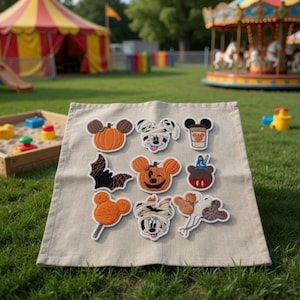 May include: A collection of embroidered patches featuring Halloween-themed designs. The patches include pumpkins, bats, and character-inspired images. The patches are arranged on a beige fabric, set against a backdrop of a park with a carousel and playground.