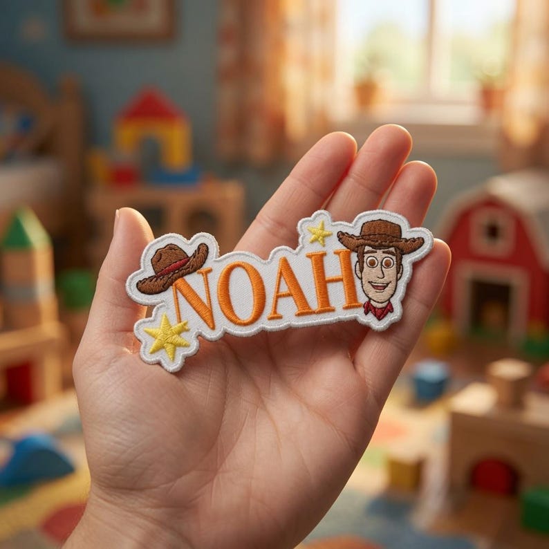 May include: A white embroidered patch featuring the name NOAH in orange letters, flanked by a brown cowboy hat on the left and a cartoon character wearing a brown cowboy hat on the right, accented with two yellow stars on a white fabric background.