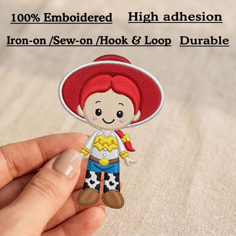 May include: An embroidered patch featuring a cartoon character with red hair, a red hat, a yellow and white shirt, blue pants, and cow-print boots. Text reads: 100% Emboidered, High adhesion, Iron-on /Sew-on /Hook & Loop, Durable.