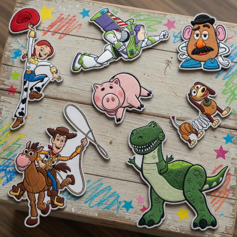 May include: A collection of embroidered patches featuring characters from the animated film Toy Story. The patches include Jessie, Buzz Lightyear, Mr. Potato Head, Hamm, Slinky Dog, Woody, Bullseye, and Rex. The patches are colorful and detailed.