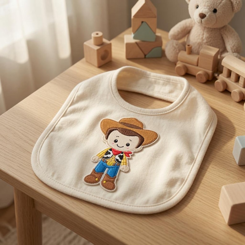 May include: A cream-colored baby bib featuring an embroidered cartoon cowboy character wearing a brown hat, a yellow shirt with black cow-print vest, a red neckerchief, blue pants, and brown boots. The bib has a simple rounded neckline.
