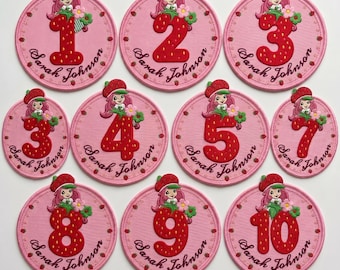 Embroidered Strawberry Shortcake Number Patches, Custom Name Sew on Hook & Loop Iron On Patch, Birthday Age Gift for DIY Jacket Backpack Hat