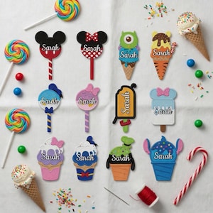 May include: A collection of colorful, personalized party decorations featuring various cartoon characters and ice cream shapes. Each decoration includes the name "Sarah". The image also includes lollipops, candy, and ice cream cones.
