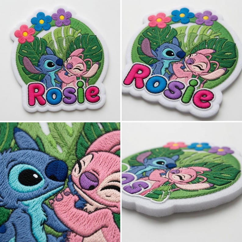 May include: An embroidered patch featuring a blue alien character and a pink alien character embracing in front of green tropical leaves and colorful flowers. The name Rosie is stitched in large, multi-colored letters at the bottom of the patch.