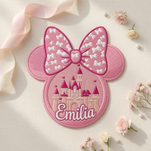Personalized Mouse Ear Embroidered Patches, Custom Name Pink Castle Iron On Patch, Gift For Girls, DIY Backpack Sew On Hook & Loop