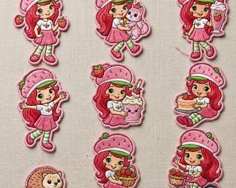 Embroidered Strawberry Shortcake Pink Patches, Retro Cute Kawaii Girl Iron On, Cartoon Gift for Girls, Jacket Backpack Hat