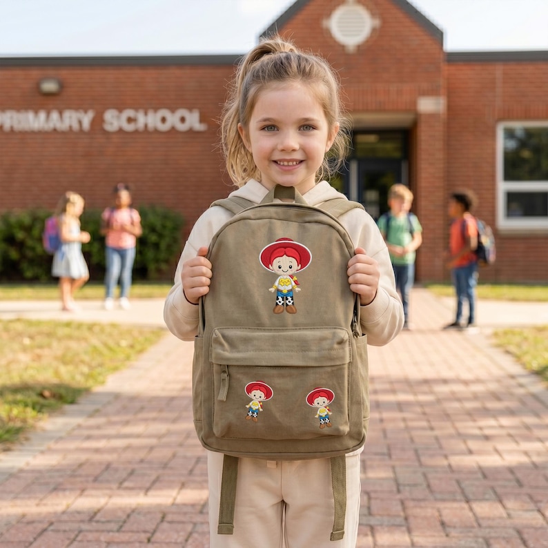 May include: A tan canvas backpack featuring three embroidered patches of a cartoon cowgirl character with red hair, a red hat, and a yellow shirt. The backpack has a large main compartment, a front zippered pocket, and adjustable shoulder straps.