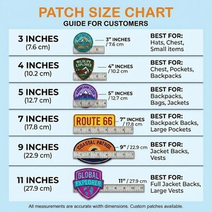 May include: A patch size chart guide for customers displaying six embroidered patches with visible rulers. Sizes range from 3 inches to 11 inches, showing specific applications for hats, chests, backpacks, jackets, and vests with width dimensions.