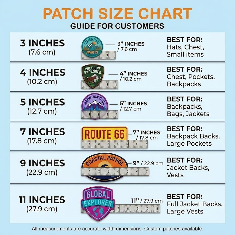 May include: A patch size chart guide for customers displaying six embroidered patches with visible rulers. Sizes range from 3 inches to 11 inches, showing specific applications for hats, chests, backpacks, jackets, and vests with width dimensions.